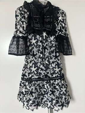 Self-Portrait Black and White Lace Dress with Floral Appliqué